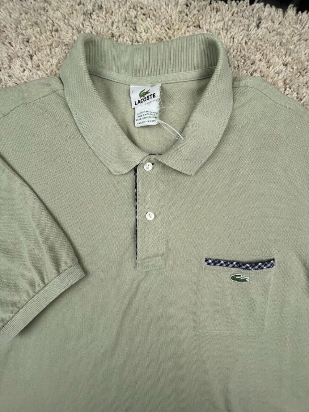 Lacoste Mens Pale Green Polo Short Sleeve Shirt Size 7 Cotton Solid w Logo